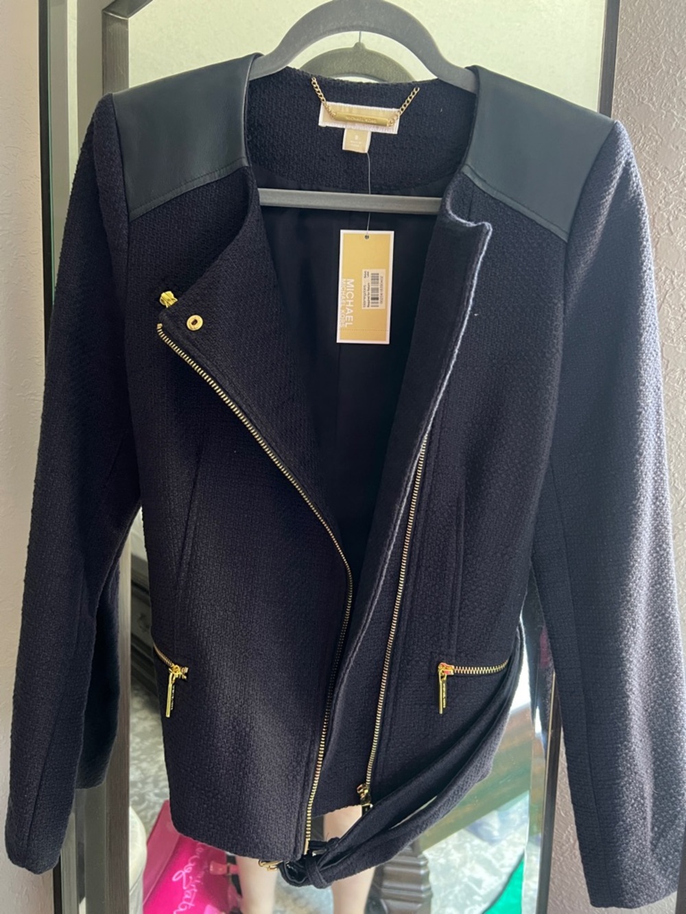 Michael Kors navy blue Women's Moto-Style Zip Jacket with Gold Hardware